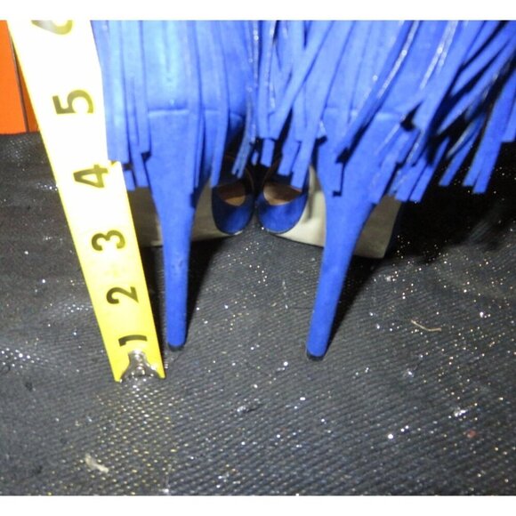 Stylewatch for Justfab Sosha Cobalt Blue Suede Leather Fringed caged heels sz 8 - Picture 6 of 15